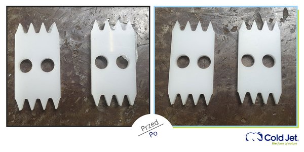 Porównanie przed i po kriogenicznym gratowaniu białych elementów przemysłowych z tworzywa sztucznego, pokazujące wyraźne usunięcie zadziorów na postrzępionych krawędziach i otworach.